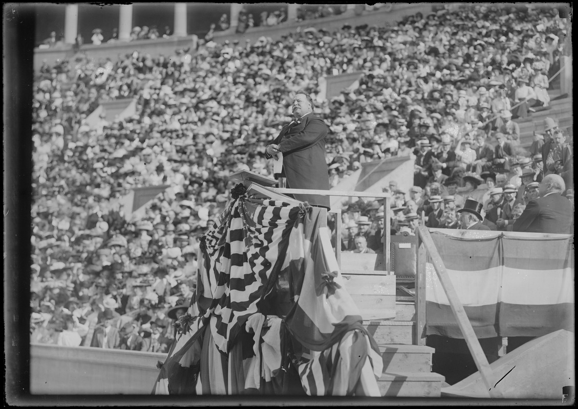 President Taft speaks from podium, possibly Harvard Stadium
