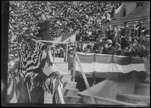 President Taft speaks from podium, possibly Harvard Stadium