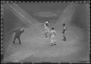 Ted Williams crossing the plate after homering against the Kansas City Athletics