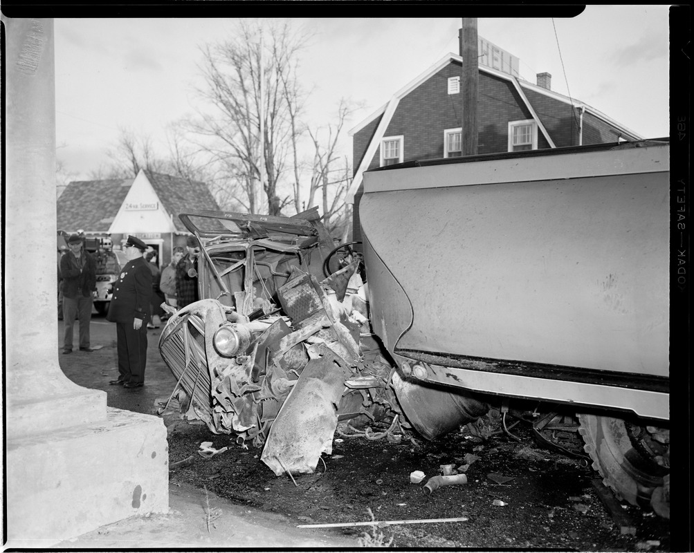 Tanker truck wrecked under overpass - Digital Commonwealth