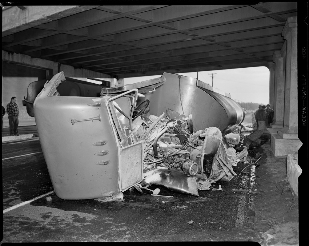 Tanker truck wrecked under overpass - Digital Commonwealth