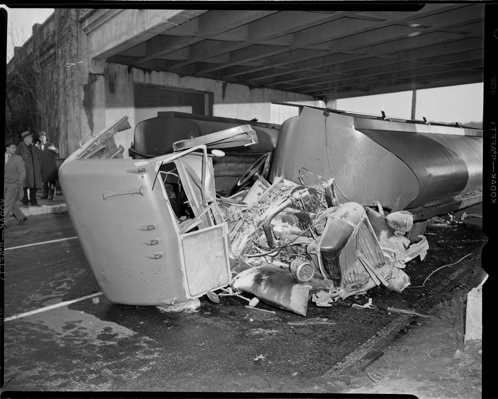 Tanker truck wrecked under overpass - Digital Commonwealth