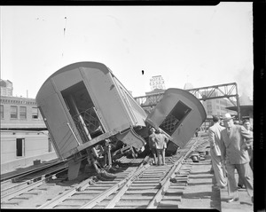 Train wreck - back of South Station, Boston (Hotel Essex sign, background)