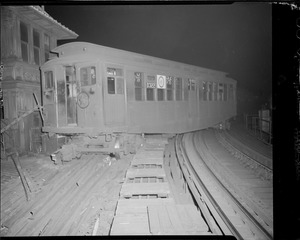Derailed train (appears to be Boston Elevated Railway car no. 0322 at Sullivan Square, Charlestown, Mass.)