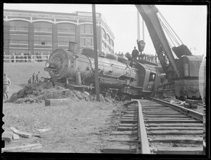 Locomotive no. 43 derails at Grand Junction trackage of the B&A RR on the Cambridge side of the Charles opposite the Beacon Yard