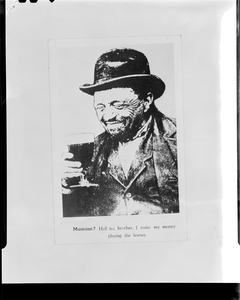 Picture of man in Derby drinking beer with caption: "Musician? Hell no, brother, I make my money playing the horses."