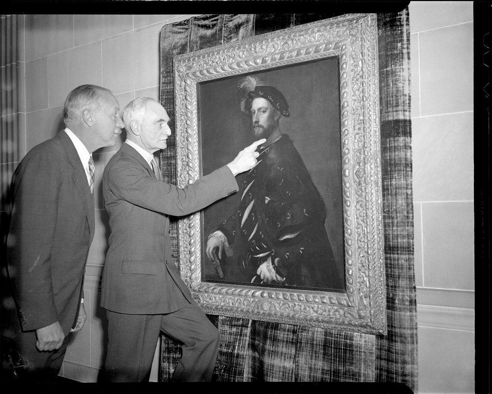Two men examine portrait at MFA