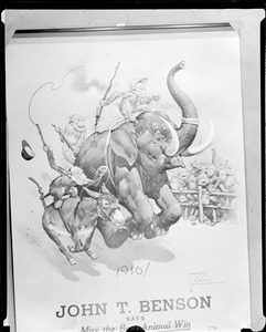 "John T. Benson says: May the best animal win" poster showing monkeys driving elephant and donkey in race, pub by Benson's Wild Animal farm, Nashua, N.H.
