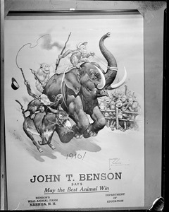 Poster for 1936 election "John T. Benson says may the best animal win." Printed by Benson's animal farm and the Dept. of Education showing monkeys riding donkey & elephant.