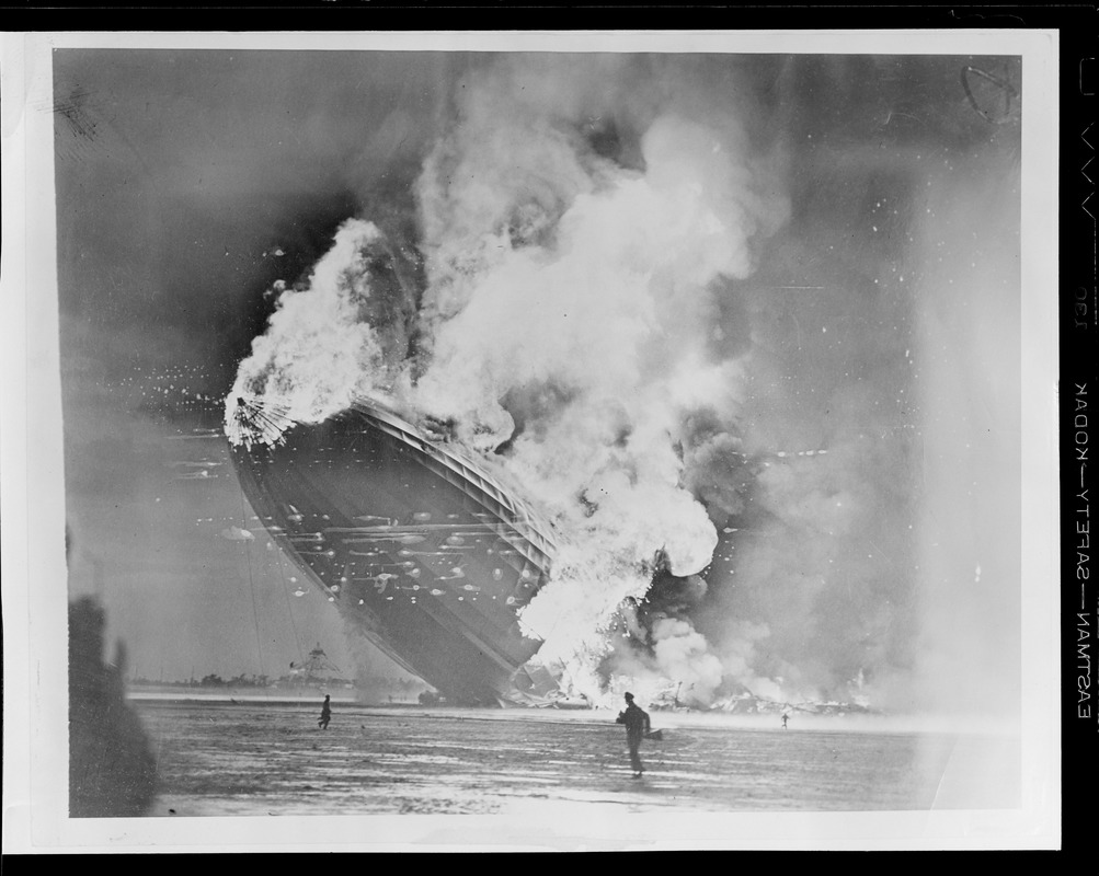 Hindenburg zeppelin crashes and burns, Lakehurst, N.J.
