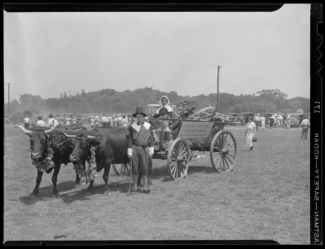 Wagon "Taking Home His Pilgrim Bride," ready for parade on Duxbury's