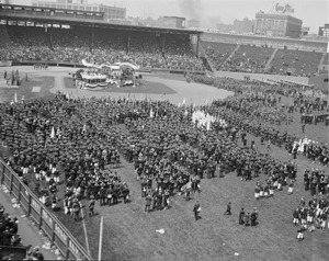 Stand erected in infield for Catholic religious ceremony at Fenway