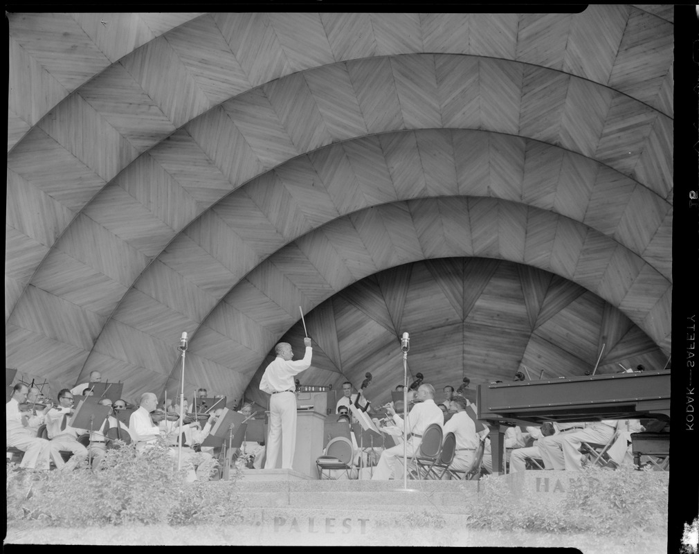 Fiedler conducting at the Hatch Shell