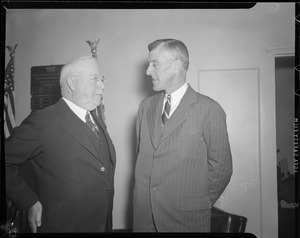 Park commissioner Long and Gov. Saltonstall discuss the fine points of Daniel Webster's plow