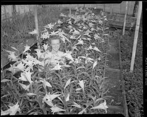 Woman poses with Easter lilies