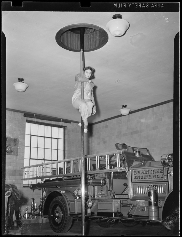 Woman on fire pole, Braintree engine #3