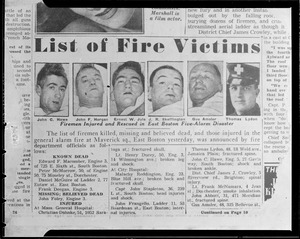 Newspaper article listing dead at East Boston fire at Maverick Sq.