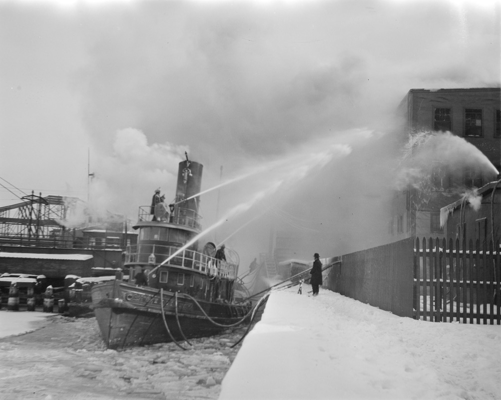 Fighting wharf fire near North Station, by land and water