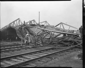 South Station Bridge (RR) fallen, burnt