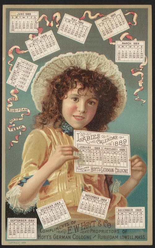 Ladies Calendar 1889 perfumed with Hoyt's German Cologne