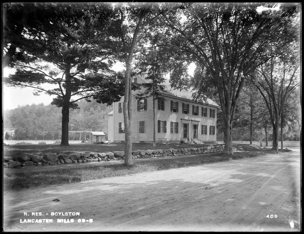 Wachusett Reservoir, house belonging to Lancaster Mills, corner of road and private way east of mills, from the northwest, Boylston, Mass., Jul. 29, 1896