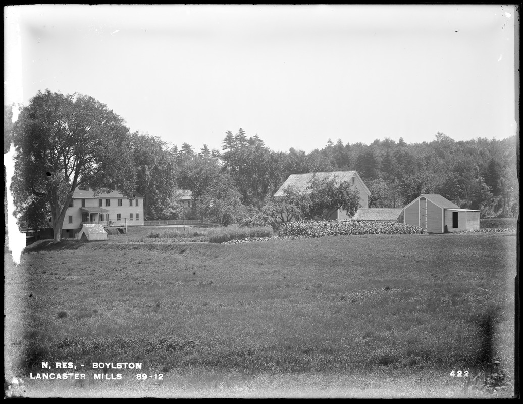 Wachusett Reservoir, houses and barns belonging to Lancaster Mills, at west end of carriage bridge, from the southwest, Boylston, Mass., Jul. 31, 1896