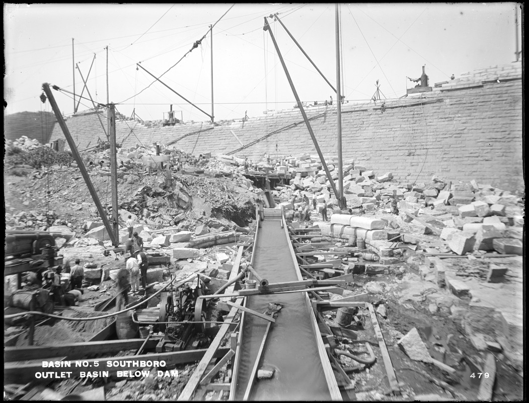 Sudbury Reservoir, outlet basin for pipes below overflow at dam, from the southeast, Southborough, Mass., Aug. 4, 1896