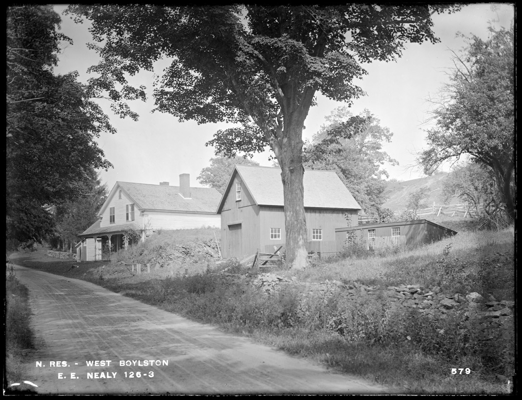 Wachusett Reservoir, house and barn of E. E. Nealy, on north side of East Main Street, from the south, in road, West Boylston, Mass., Sep. 16, 1896