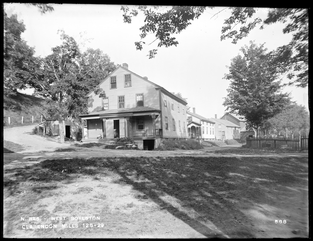 Wachusett Reservoir, three houses of Clarendon Mills, on south side of East Main Street, next to Bruce property, from the south, West Boylston, Mass., Sep. 11, 1896