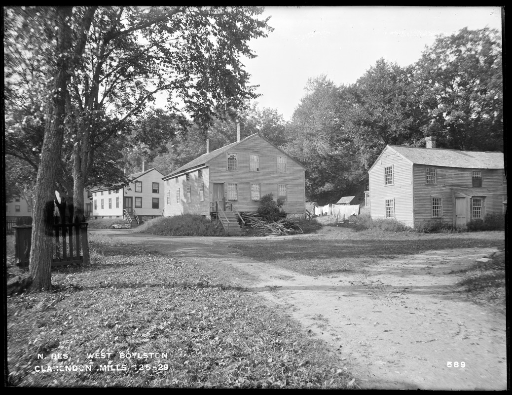 Wachusett Reservoir, three houses of Clarendon Mills, on south side of East Main Street, next to Bruce property, from the southeast, West Boylston, Mass., Sep. 11, 1896