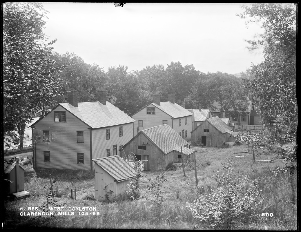 Wachusett Reservoir, Clarendon Mills houses, on the north side of East Main Street, from the northeast, opposite Mill Pond, West Boylston, Mass., Sep. 16, 1896