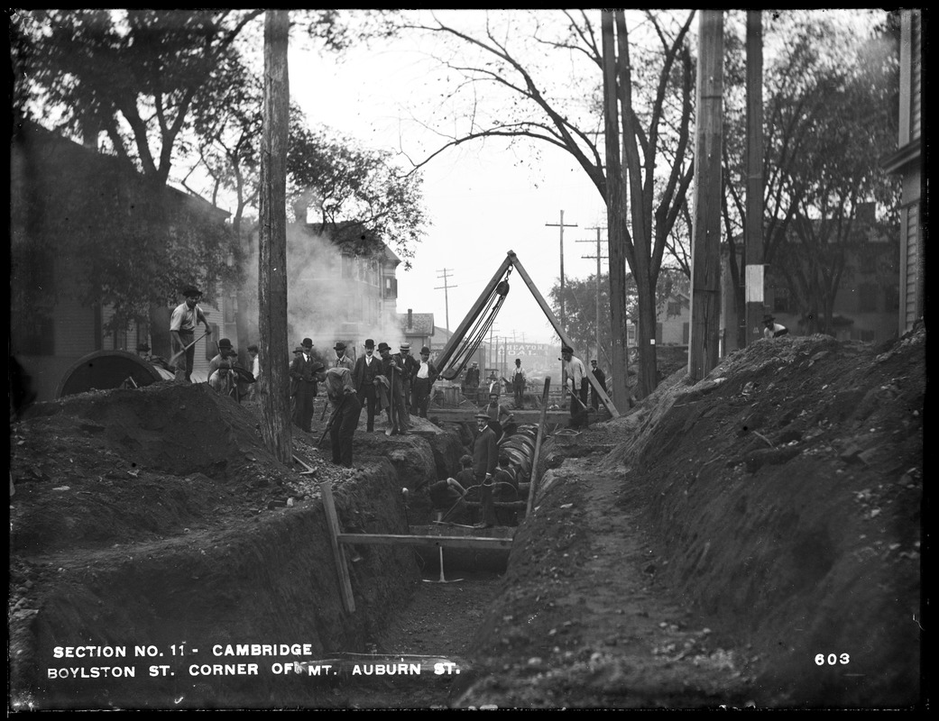 Distribution Department, Low Service Pipe Lines, Section 11, trench work on Boylston Street, at corner of Mt. Auburn Street, looking towards Brighton, Cambridge, Mass., Sep. 15, 1896