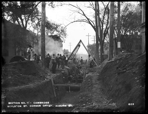 Distribution Department, Low Service Pipe Lines, Section 11, trench work on Boylston Street, at corner of Mt. Auburn Street, looking towards Brighton, Cambridge, Mass., Sep. 15, 1896