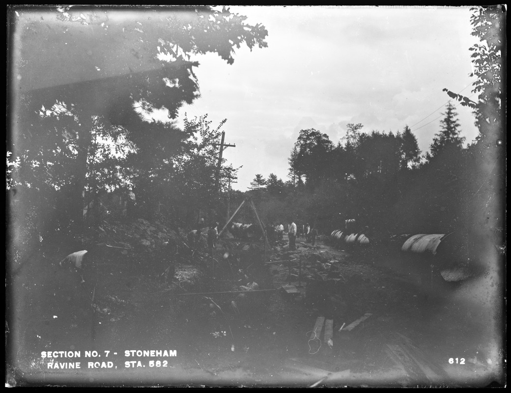 Distribution Department, Low Service Pipe Lines, Section 7, trench work, Ravine Road, station 582, from the northwest, Stoneham, Mass., Sep. 15, 1896