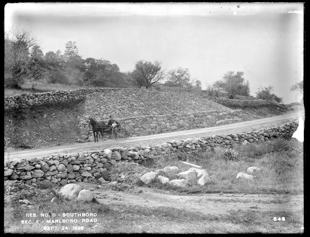 Sudbury Reservoir, Section E, riprap and wall on the west side of Marlborough Road, near Moses A. Emory's, from the east, Southborough, Mass., Sep. 24, 1896