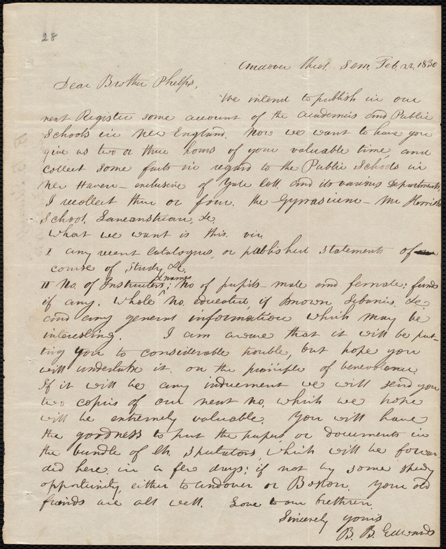 Letter from Bela Bates Edwards, Andover, to Amos Augustus Phelps, Feb ...