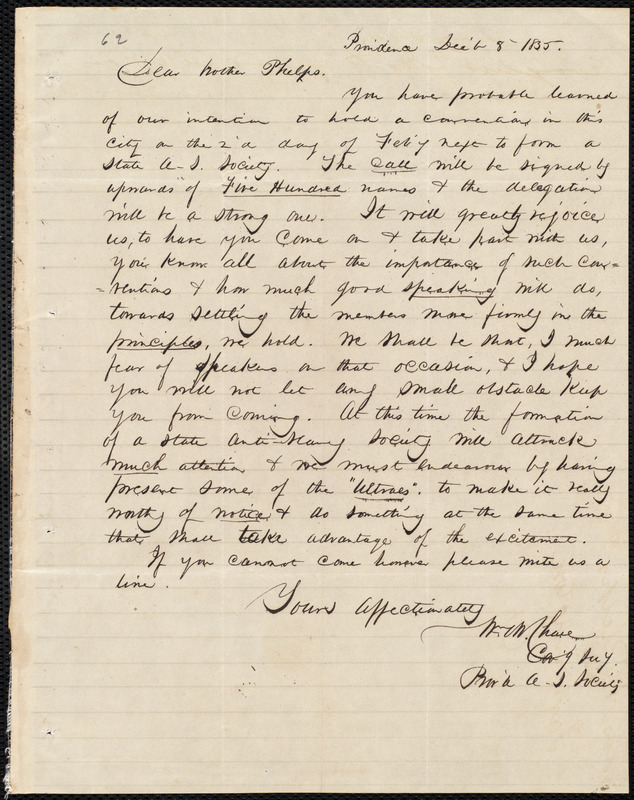 Letter from William M. Chace, Providence, to Amos Augustus Phelps, Dec ...