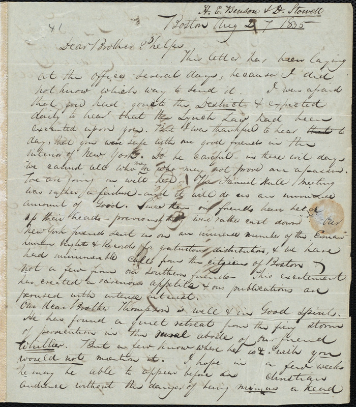 Letter from Henry Egbert Benson, Boston, to Amos Augustus Phelps, Aug
