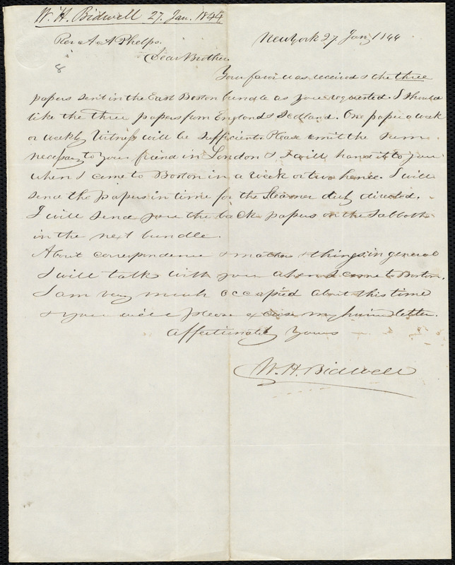 Letter From Walter Hilliard Bidwell, New York, To Amos Augustus Phelps ...