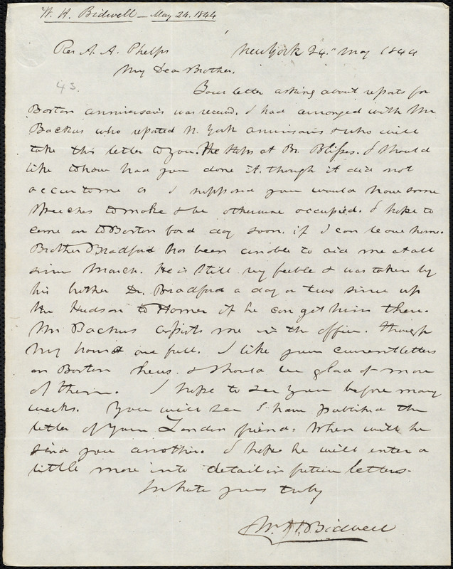 Letter From Walter Hilliard Bidwell, New York, To Amos Augustus Phelps ...