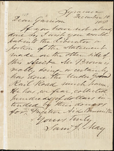 Letter from Samuel Joseph May, Syracuse, [N.Y.], to William Lloyd Garrison, December 10 1858