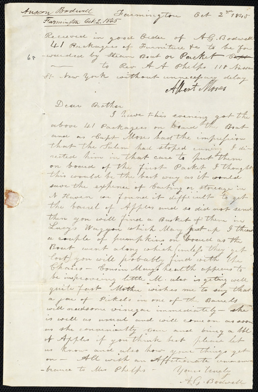 Letter From Anson G. Bodwell, Farmington, To Amos Augustus Phelps, Oct ...