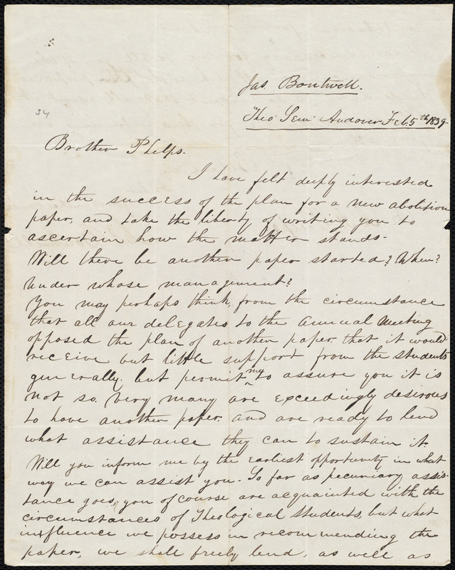 Letter from James Boutwell, Andover, to Amos Augustus Phelps, Feb. 5th ...