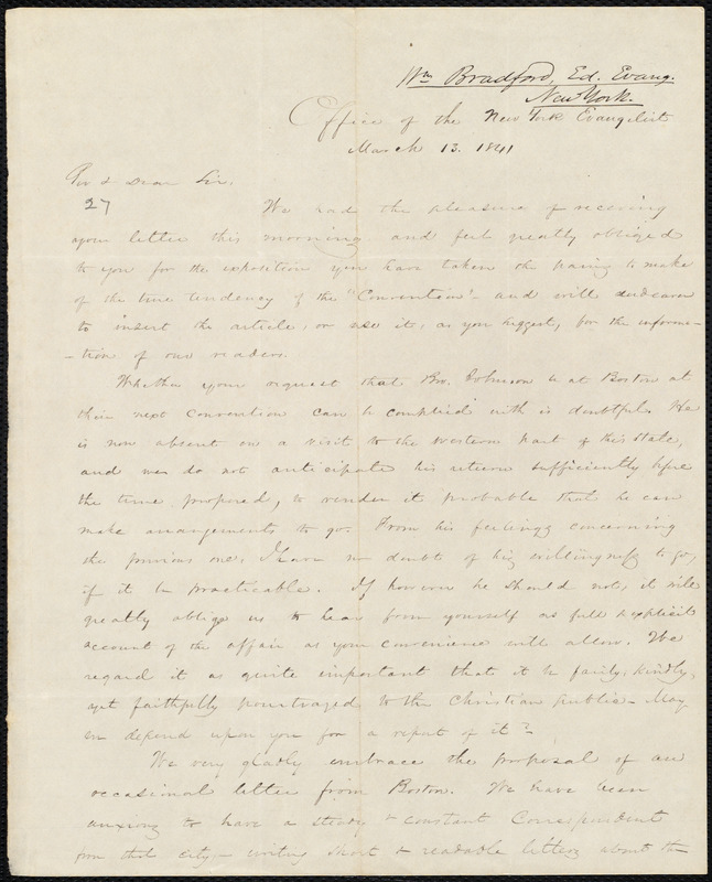 Letter From William Bradford, New York, To Amos Augustus Phelps, March ...