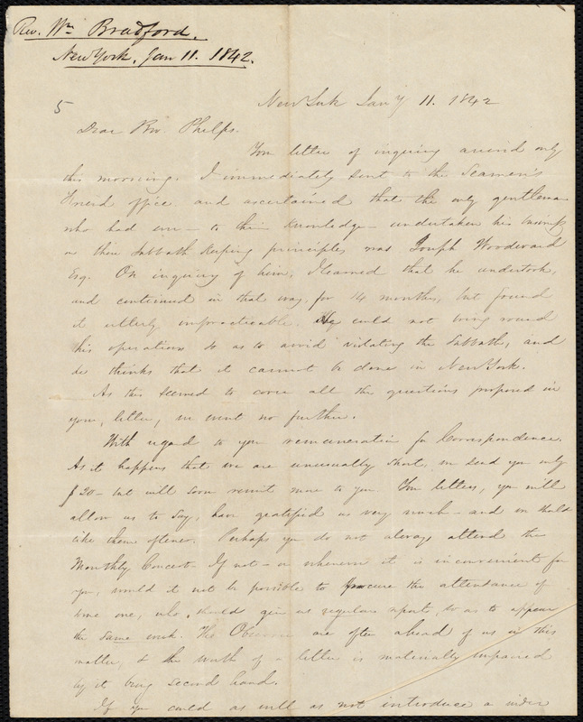 Letter From William Bradford, New York, To Amos Augustus Phelps, Jany ...