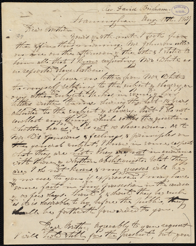 Letter from David Brigham, Framingham, to Amos Augustus Phelps, Aug ...