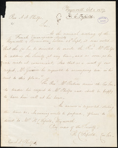 Letter from Hannah Cranch Fifield, Weymouth, to Amos Augustus Phelps, Octr 1837
