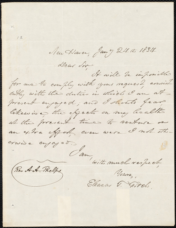 Letter from Eleazar Thompson Fitch, New Haven, to Amos Augustus Phelps ...