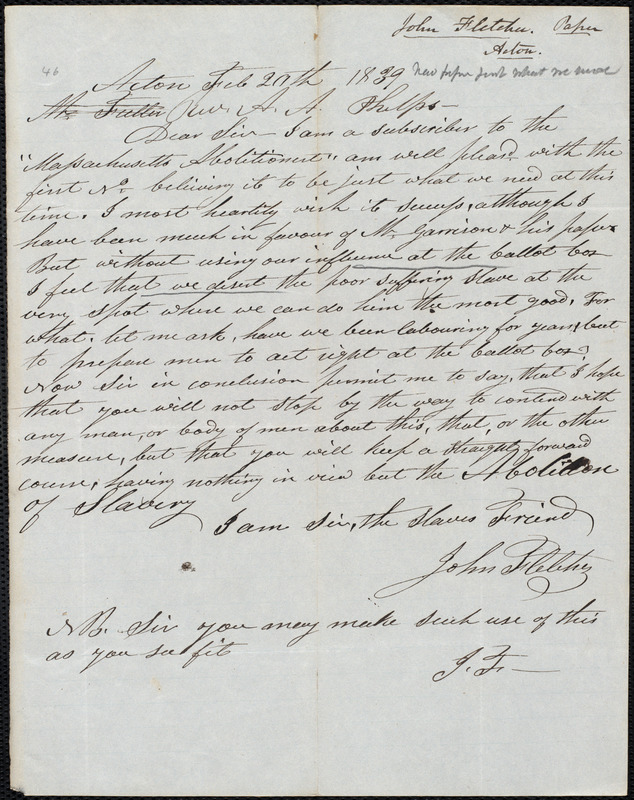 Letter from John Fletcher, Acton, to Amos Augustus Phelps, Feb 20th ...