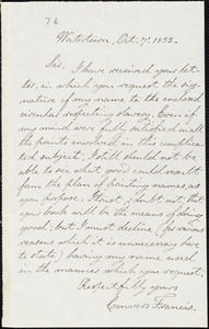 Letter from Convers Francis, Watertown, to Amos Augustus Phelps, Oct 7. 1833